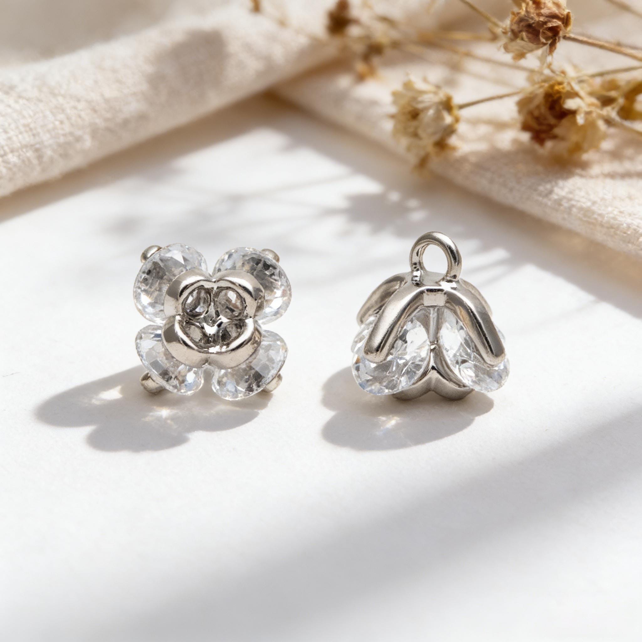 10pcs CZ Pave Flower Charms 8mm, Gold/ Silver tone Floral Pendants, Clear/ Black Cubic Zirconia (GB-343)